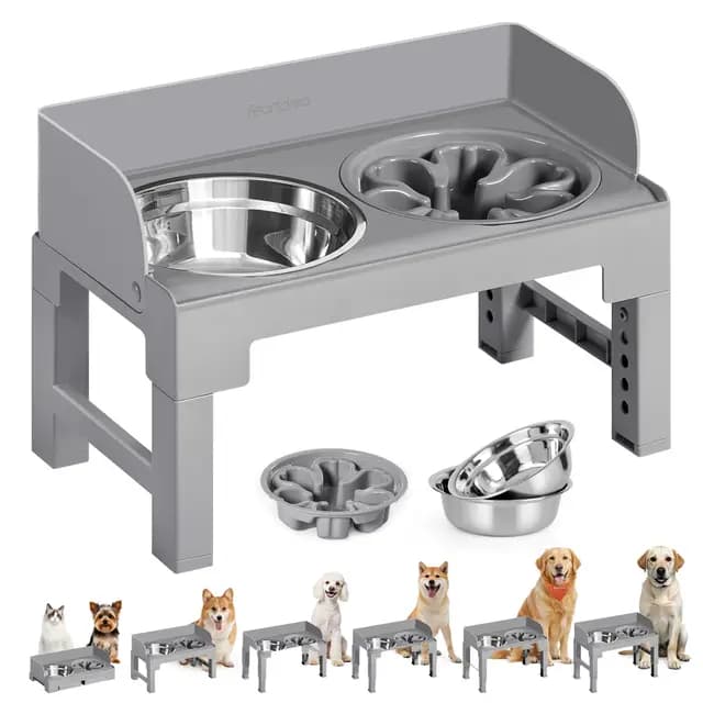 Feandrea Comedero Elevado para Perros con Soporte, 1 Comedero Lento y 2 Comederos de Acero Inoxidable 304, Altura Ajustable y Diseño Inclinado, Gris Paloma PRB103GD01 – Imagen 1