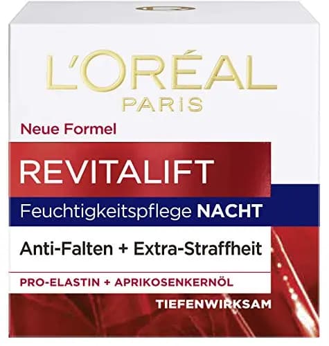 L'Oréal Paris Cuidado de noche Revitalift, cuidado facial antienvejecimiento, antiarrugas y extra firmeza, con proelastina y aceite de hueso de albaricoque, 50 ml – Imagen 1