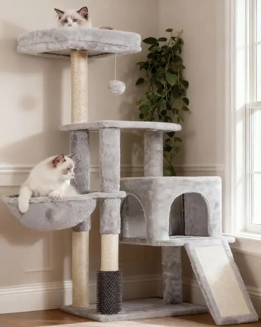 Heybly Rascador para Gatos, El Cepillo de Autolimpieza, El Árbol para Gatos Domésticos, con Peluche Liso, Silla de Descanso, Nido de Gato con Panel y Postes de Raspado, Gris Claro HCT005SW – Imagen 1