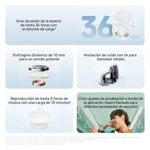 XIAOMI Redmi Buds 6 Play - Auriculares inalámbricos, cancelación de Ruido, Ligeros, hasta 36 Horas de autonomía, Bluetooth 5.4, Blanco (Versión ES)