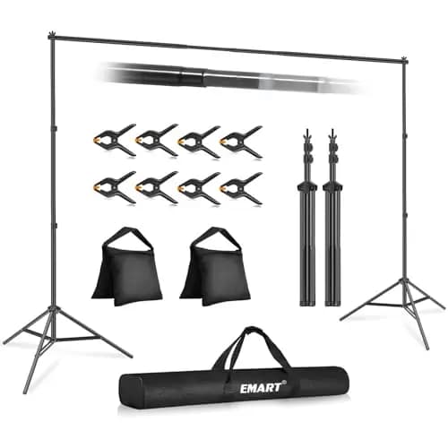 EMART Soporte Fondo Fotográfico 2mx3m, Kit de Sistema de Soporte de Fondo Ajustable con 8 Pinzas y 2 Bolsas de Arena para Retrato, Fotografía de Productos y Grabación de Video