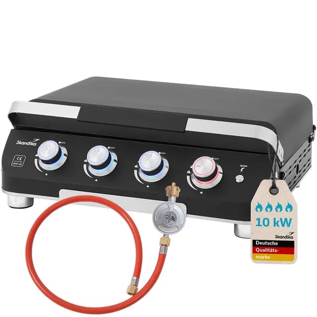 Skandika Plancha Grill Palo de 4 quemadores Plus - Plancha de gas con tapa - barbacoa de gas portátil con placa de cocción - Patas regulables en altura - Bandeja recogegrasa