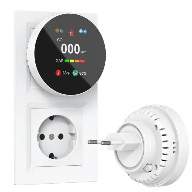Detector de Monóxido de Carbono y Gas con Enchufe, Combinado Detector de CO 4 en 1 con Sensor de Temperatura y Humedad, Alarma Sonora para Hogar y Caravana, 1 Pieza