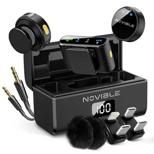 Micrófono de Solapa Inalámbrico para iPhone, Android, Cámara, PC - Lavalier con Cancelación de Ruido, 100 m de Alcance - 25 h de Autonomía con Estuche de Carga