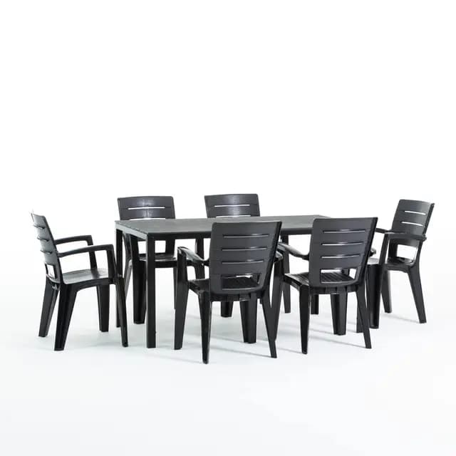 Conjunto jardín exterior mesa y sillas para 6 personas, mesa rectangular de acero con listones de polietileno efecto madera, 6 sillas apilables de resina - Thomas & Anita (Antracita)