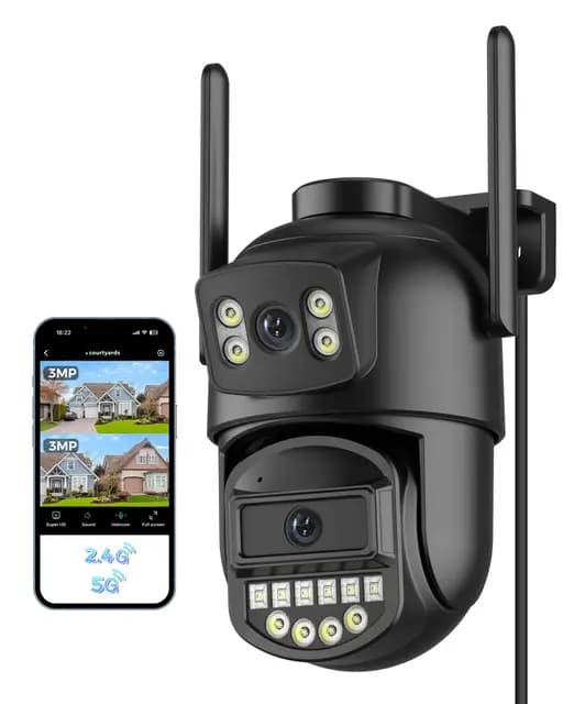 Reobiux Camara Vigilancia WiFi Exterior, Doble Lente, 6MP, 2.4/5Ghz Camara Vigilancia,360°, PTZ,Ethernet,Interior, Cable,Visión Nocturna Color,Two-Way Audio,Detección Humana,IP66