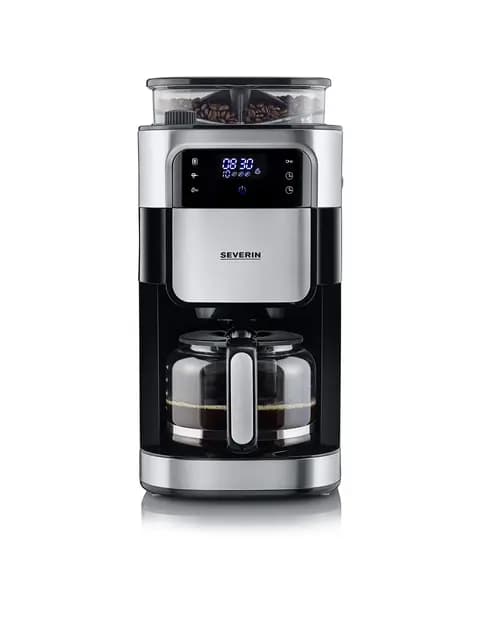 SEVERIN - Cafetera de goteo con molinillo hasta 10 tazas, Cafetera de filtro / Cafetera americana con jarra de cristal de 1l, con pantalla LED con temporizador, Acero inoxidable / Negro, KA 4813