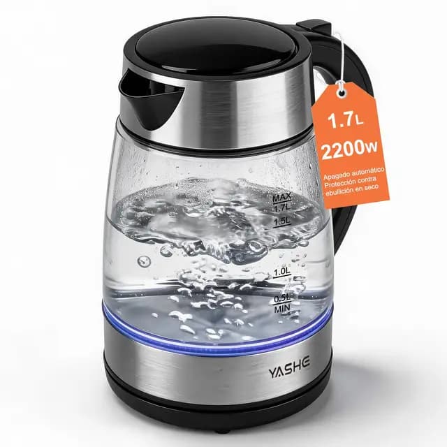 YASHE Hervidor Eléctrico de Agua Vidrio 1,7L, 2200W Hervidor Rápido con Luz LED Azul, Apagado Automático y Protección contra Hervido en Seco, Diseño Inalámbrico con Base 360°