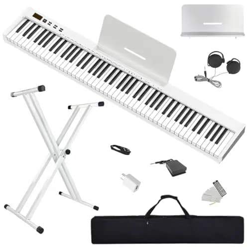 Longeye Piano Eléctrico 88 Teclas–Teclado Piano y Portátil con Soporte, Semicontrapesadas, Pedal de Sustain, Atril y Bolsa de Transporte–Blanco(Slim-88)