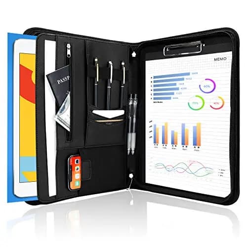 ProCase Portafolio Grande con Cremallera, Portacuaderno Profesional Organiza Documento/Tarjetas/Plumas, Bolsillo de Tableta y Móvil Carpeta de Cuaderno de Notas - Negro