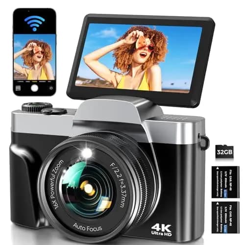 Cámara Digital con WiFi 4K 64MP Cámara de Fotos Digital con Pantalla Abatible 3″ 180°, Zoom Digital 16X, Autofoco, 2 Baterías y Tarjeta 32GB para Adolescentes, Principiante, Vlogging, Grabación