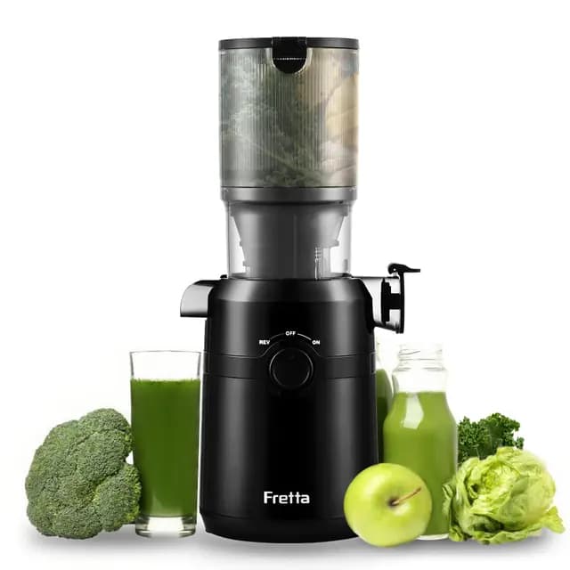 Fretta Extractor de Zumos y Verduras, Apertura de 108MM y Capacidad de 1L, Licuadora Prensado en Frio para Verduras Frutas Enteras, 200W Slow Juicer Machine, Fácil Montaje y Limpieza, Sin BPA (Negro)