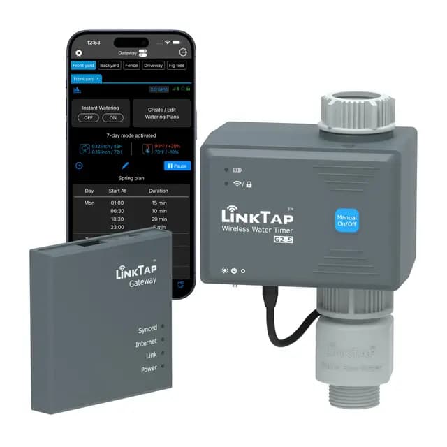 LinkTap G2S Temporizador de Riego Automatico, Gateway y Medidor Flujo - Programador de Riego Inteligente Jardín con Bloqueo Digital, Detección de Fallas y Notificaciones, IP66