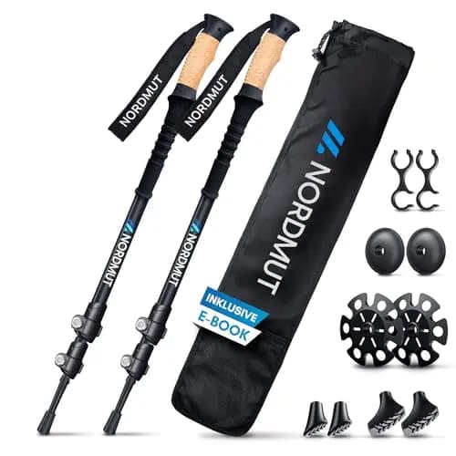 NORDMUT® Bastones de Senderismo Telescópicos | Nordic Walking Mujeres y Hombres | Bastones de Trekking Ultraligeros [con Set de Gomas] Ajustables con Empuñadura de Corcho Natural (Aluminio)