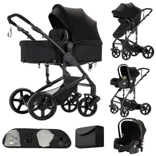 Cochecito 3 en 1 de Bebé con Silla de Coche, Cuna de Paisaje Elevado, Toldo Ajustable y Ruedas con Amortiguadores, Marco de Aleación de Aluminio(negro)