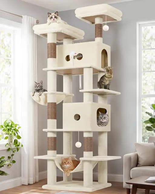 Globlazer Árbol Rascador Beige para Gatos XXL 204 cm Alto con 2 Grande Nidos 50*30*30CM, 2 Acolchada Plataforma, Hamaca, Cesta, Juguetes, Estable Rascador para 3-5 Gatos Adultos Interior (S80B, Beige)