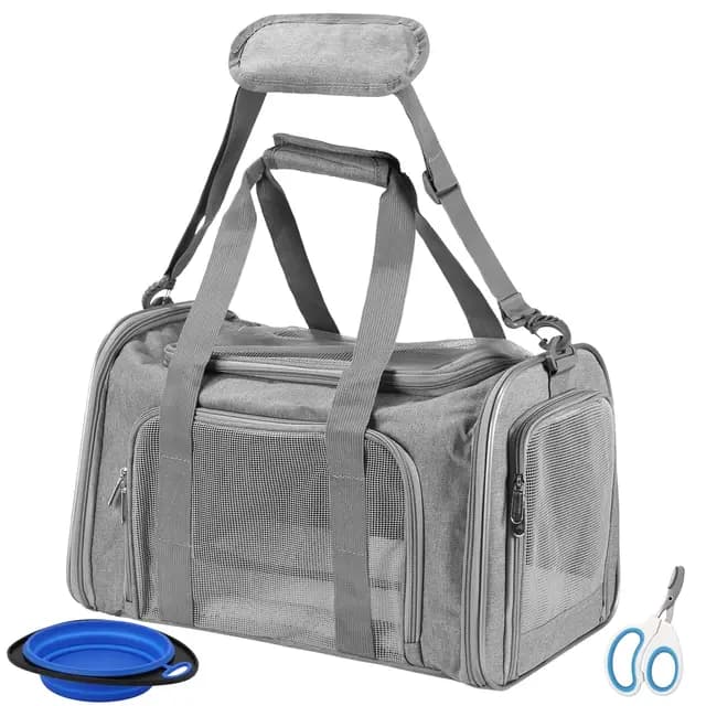 Transportín para Gato y Perro, Bolsa de Transporte Plegable y Transpirable, con Correa al Hombro y Cojín Lavable, 45x28x28cm, hasta 13kg, Portátil para Coche/Avión (Gris) (Grey L)