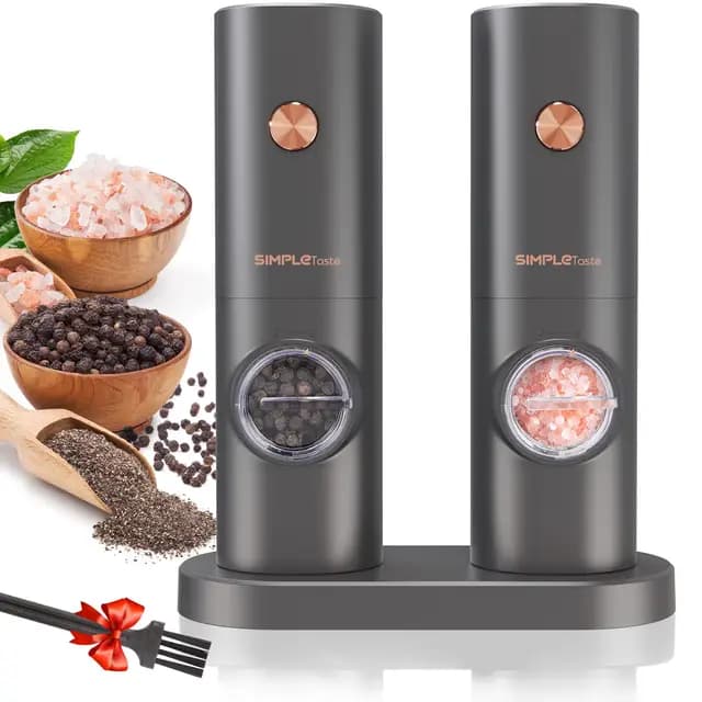 SIMPLETASTE Molinillo Eléctrico de Pimienta y Sal Juego de 2 con Base y Luz Ajustar de Grosor Ligero y Rápido Funciona al un Tacto
