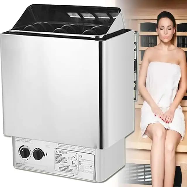 Estufa Sauna Eléctrica Profesional, Montaje en Pared, INOX, 0-80°C Regulable, Temporizador, Soporte Pretaladrado, para Sauna, Gimnasio, Centro de Bienestar, Hotel, Uso Comercial 4.5KW