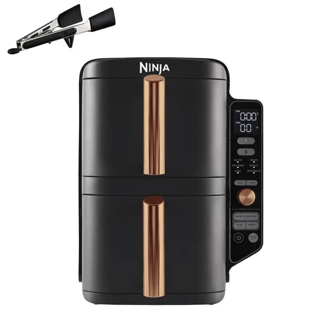 Ninja Double Stack XL Freidora de aire de 9,5 L, doble cajón vertical, 4 niveles de cocción, 2 cajones y 2 rejillas, diseño compacto, 6 funciones, hasta 8 porciones, negro/cobre, SL400EUCP