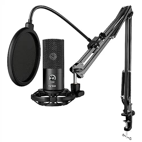 FIFINE Micrófono USB de Condensador para Estudio, Kit de Microfono Ordenador PC con Soporte de Brazo de Tijera Ajustable Soporte de Choque para Instrumentos Grabación Podcasting Youtube Gaming