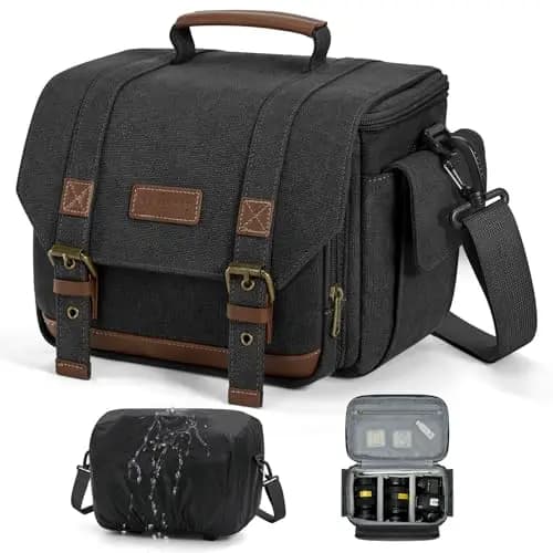 RAINSMORE Bolsa para Cámara Vintage, Impermeable, Bandolera para DSLR y Mirrorless con Acolchado de 10 mm, Cubierta de Lluvia y Soporte para Trípode, Ideal para Fotógrafos