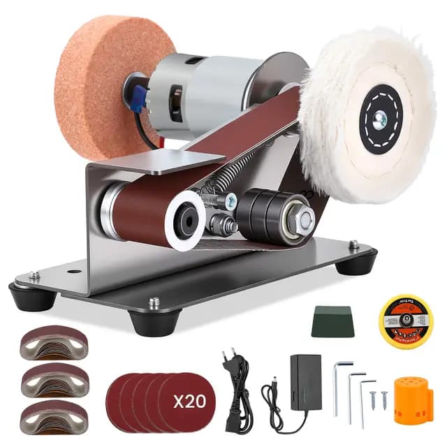 Lijadora de banda eléctrica mini, lijadora de banda pequeña, lijadora de mesa de 15 grados con ángulo fijo, pulidora ajustable de 7 etapas para metal, madera, manualidades