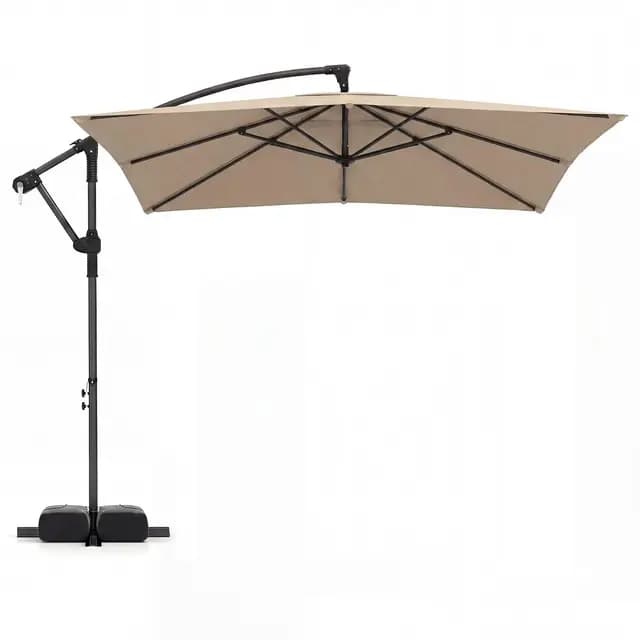 COSTWAY Sombrilla Terraza Exterior con Base, Parasol Excentrico con 8 Varillas de Metal, Rotación de 360°, Manivela, Base en Cruz y Sacos de Arena, Sombrilla Jardín Grande(250 x 250 cm（sin Luz）,Café)