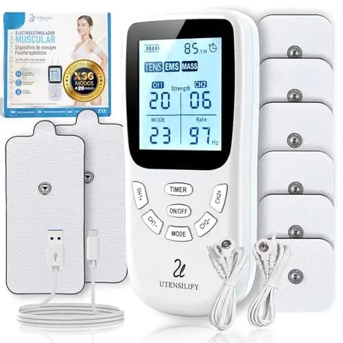 Electroestimulador Muscular UTENSILIFY® 3 en 1 TENS EMS Masaje | 36 Modos 20 Intensidades | 8 Electrodos | Alivio del Dolor y Recuperación | Recargable USB