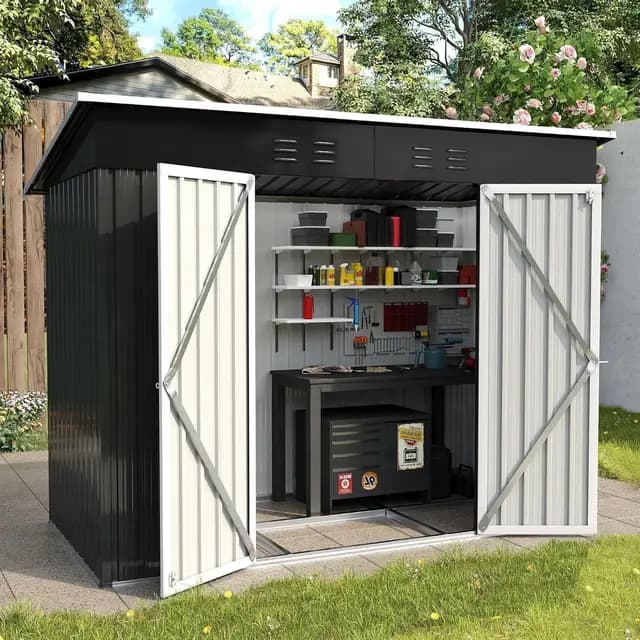 UDPATIO Casetas de Jardin Exterior Grandes, 228x109x181 cm, Cobertizo Jardin de Metal Negro con Doble Puerta(106cm), Caseta de Almacenamiento para Herramientas y Equipos