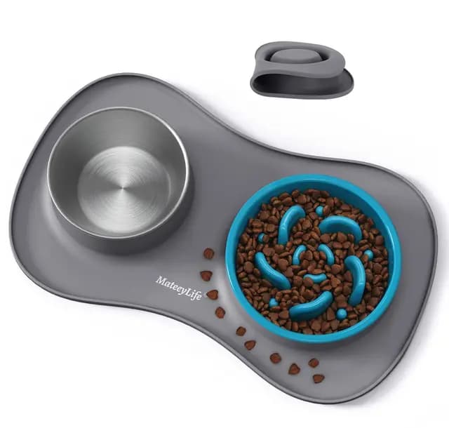 MateeyLife Juego de Boles para Perro 3 en 1, Comedero Antivoracidad Perro y Bebedero de Acero Inoxidable con Alfombrilla Antideslizante de Silicona, Cuencos para Perros de Todas Las Razas 43.7×25.9 cm