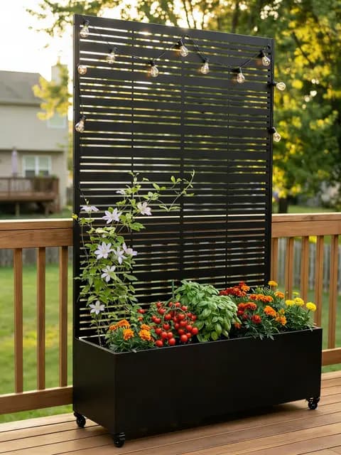 Huerto Urbano Elevado con Celosía, Jardineras Grandes para Exterior con Ruedas y Enrejado, Macetero de Metal para Privacidad, Ideal para Flores, Verduras y Plantas Trepadoras en Balcón