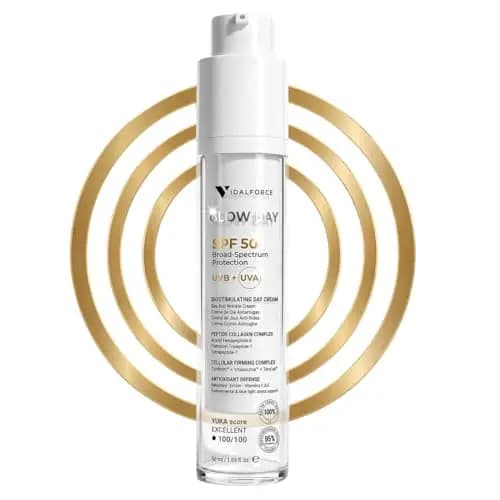 Glow Day Crema Solar Facial 50, Crema Antiarrugas con Protección Solar Bioestimuladora con Péptidos, 100/100 en Yuka, Sin Efecto Blanquecino y Sin Nanopartículas, 50 ml