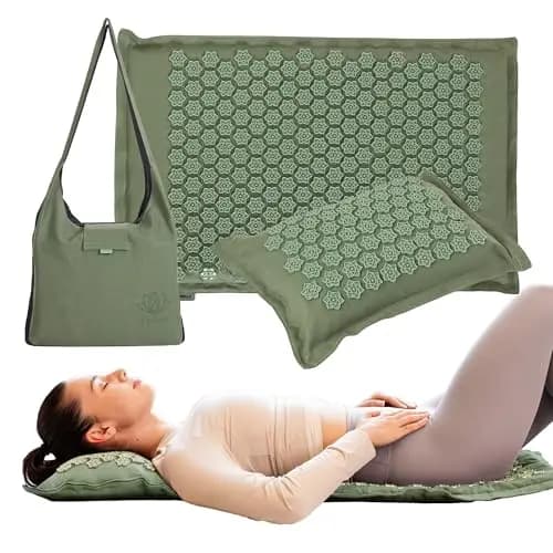 XTREXO Eco - Esterilla de acupresión ecológica con cojín de 40 x 30 cm en verde con tamaño de la alfombrilla 68 x 44 x 2 cm, de lino y PVC, para reducir la tensión, apoya el sueño