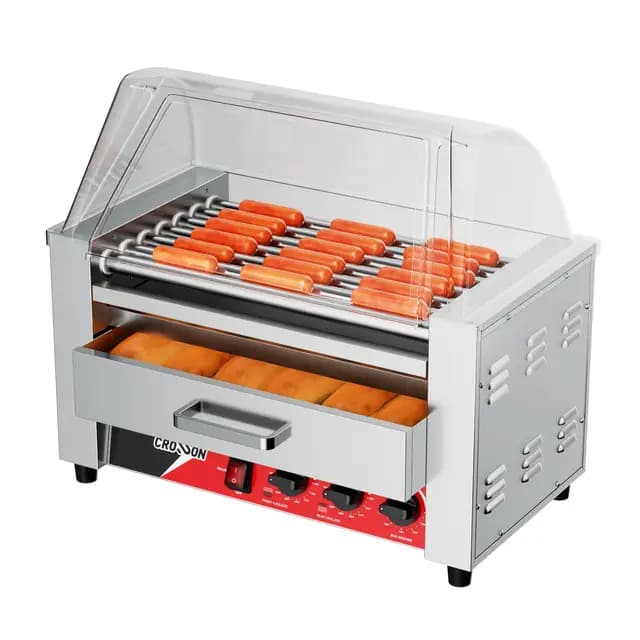 Crosson 2 IN 1 Maquina Perritos Calientes Profesional 7 Rollos,Hot Dog Machine de Acero Inoxidable 1350W con Calentador de Pan,Tapa Transparente, para Puestos de Comida, Fiestas y Barbacoas