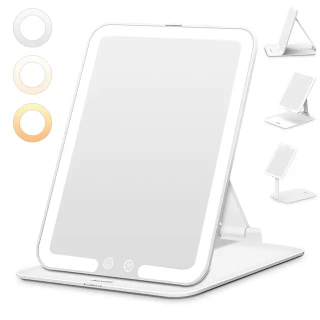 Auxmir Espejo Maquillaje con Luz Recargable 1X | Plegable y Portátil para Viajes | Sensor Inteligente Control Táctil | 3 Colores de Luz y Brillo Regulable | para Viajes y Uso Diario de Mesa(Blanco)