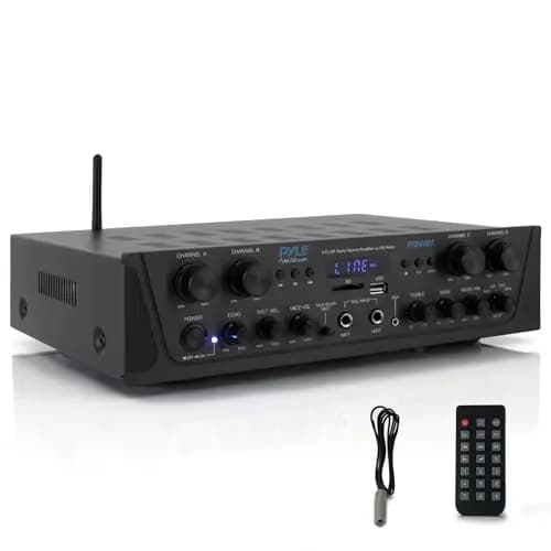 Pyle Amplificador de Audio, Inalambrico, Bluetooth, Estereo, 4 Canales, Entrada de microfono, AUX, Salida del Altavoz del subwoofer RCA, USB, Potencia Maxima de 500W a 4-8 ohmios