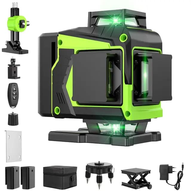 Nivel Laser Autonivelante 360 Grados, Nivel Láser Verde 16 Líneas, 2 x 360 Horizontal y 2 x 360 Verticales, 2 x Batería, Montaje en Pared, Control Remoto, Base Magnética, Soporte Giratorio