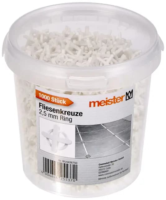 Meister 4426750 - Cruces para azulejos (2,5 mm, juego práctico de 1200 unidades, reutilizables, de polipropileno resistente, accesorios para azulejos, ayuda para la colocación de baldosas, cruces para