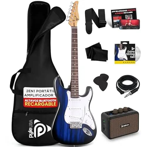 Pyle kit guitarra electrica con amplificador bluetooth portatil, Tamaño completo, Pastillas Humbucker estilo ST, Accesorios incluidos: esctuche, Correa, Cuerdas, Puas, Paño de Limpieza