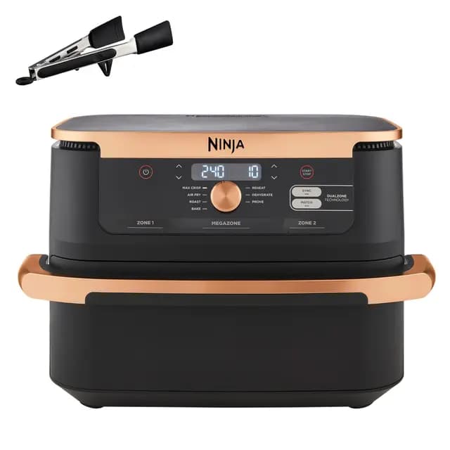 Ninja Foodi FlexDrawer Freidora de Aire Dual Zone, 10.4L, Air Fryer, 7 en 1, Freidora sin Aceite con 2 Cestas y Divisor Extraíble, Asa, Hornea, Frie, Pinzas Incluídas, Negro y Cobre, AF500EUCP