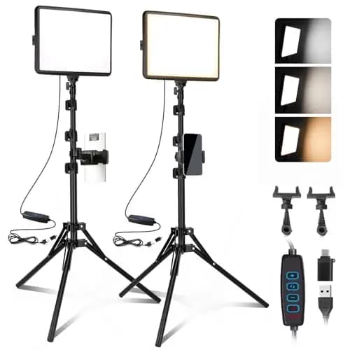 2 Paquete Luz Fotografia LED Kit de Video, 25 cm*20 cm Fotografía LED de 2800-6500 K, 175 cm Estudio Regulable con Soporte de Trípode y Soporte para Telé para Filmación/Zoom/Videoconferencia/TikTok