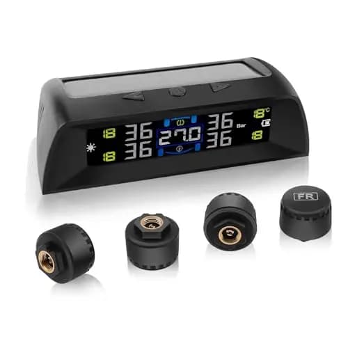 TPMS Sistema Monitoreo Presión Neumáticos, Carga Solar/USB, 6 Funciones de Alarma, Auto On/Off, Compatible Caravana/Berlina/SUV/MPV (4 Sensores, 72 PSI)