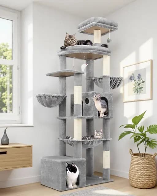 Globlazer Árbol Rascador para Gatos XXL 194 cm Alto con 2 Nidos Grande, Hamaca 50 * 40CM, Gran Plataforma, 2 Cesta, Percha, Enorme Torre para 3-5 Grandes Gatos Descansar Jugar (S76B, Gris Claro)