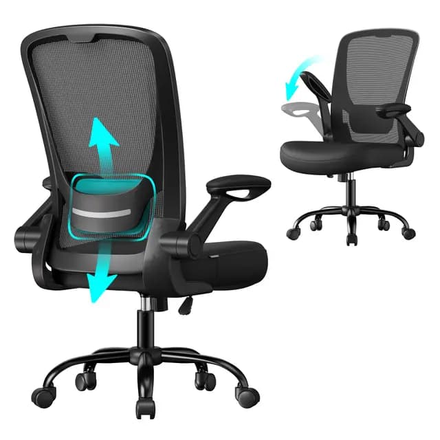 SONGMICS Silla de Oficina, Silla de Escritorio de Malla, Silla Giratoria Ergonómica, Soporte Lumbar, Oscilante, Asiento de 53 cm, Apoyabrazos Abatibles, Negro OBN037BKV2