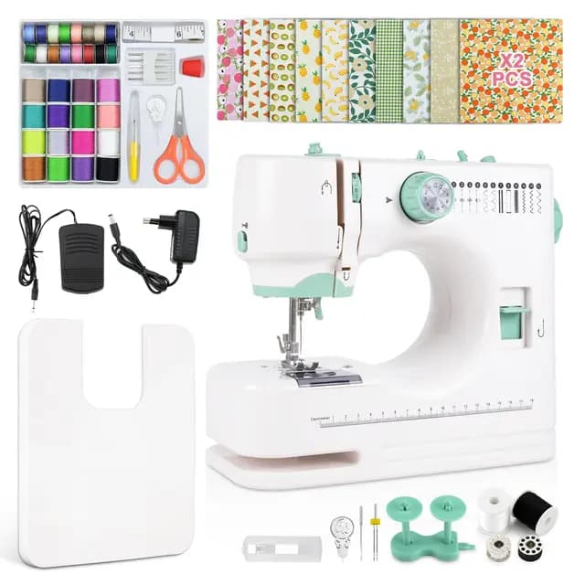 Máquina de Coser Eléctrica Portátil con Prensatelas de Aguja Doble Intercambiable, 12 Patrones + Control Velocidad, 20 Telas Florales (20x20 cm), Pedal y 60+ Accesorios para Principia