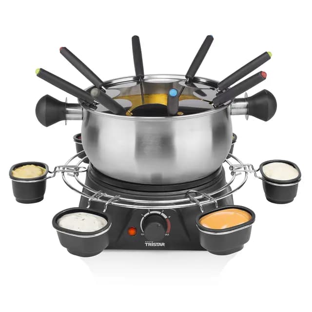 Tristar FO-1109 Olla eléctrica Multifuncional para Fondue de Queso, Chocolate o Aceite, Volumen 1.3 litros, 1400 W, Carcasa de Acero Inoxidable con aro para Salsas, Incluye 8 Tenedores