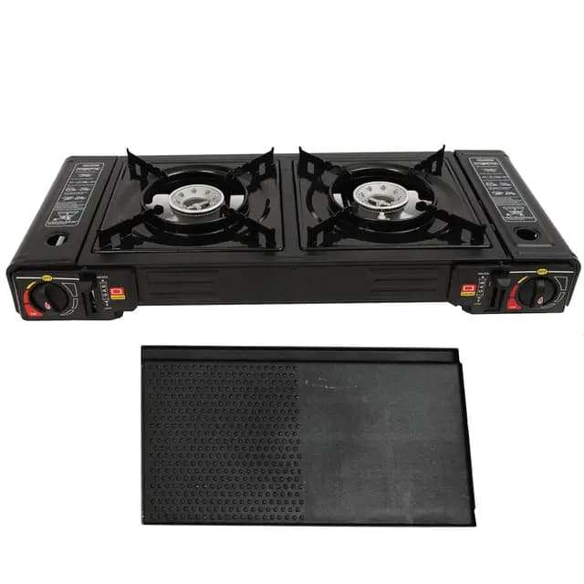 Hornillo de gas de 2 quemadores 2500W camping de 2 fuegos Cocina Portatil barbacoa de mesa con bandeja de barbacoa + maletín de almacenamiento de gas para camping, viajes y senderismo