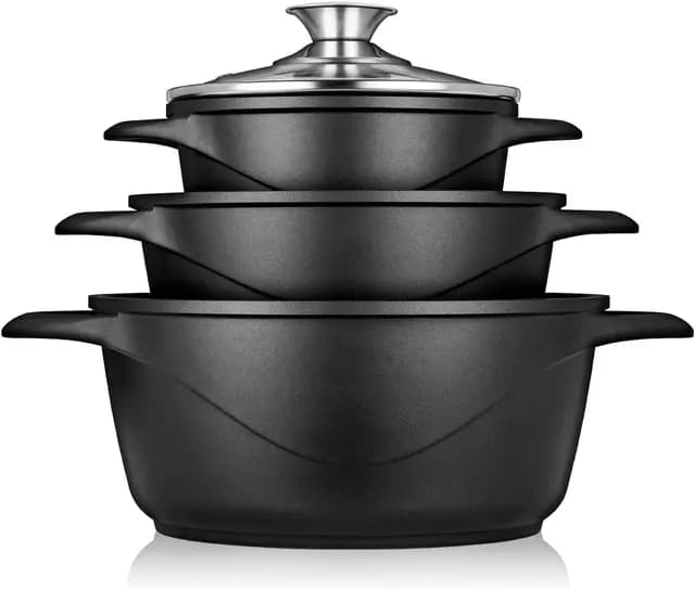 briebe Batería Cocina Inducción 6 Piezas, Juego 3 Ollas Aluminio Fundido, Antiadherente ILAG GRANITEC sin PFOA, Set Cazuelas Tapas Cristal, Guantes Silicona, Vitrocerámica, Gas, Horno, MGK-18