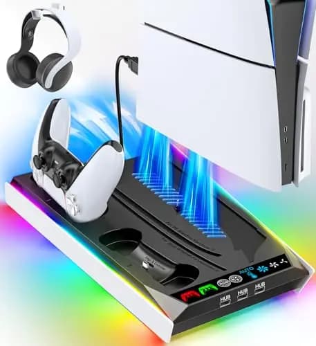 Soporte para PS5/Pro/Slim y Refrigeración para PS 5 Disc & Digital, Cargador para PS5 & Edge Mando, Ventilador Automático PlayStation 5 de 3 Velociadades 3 USB HUB
